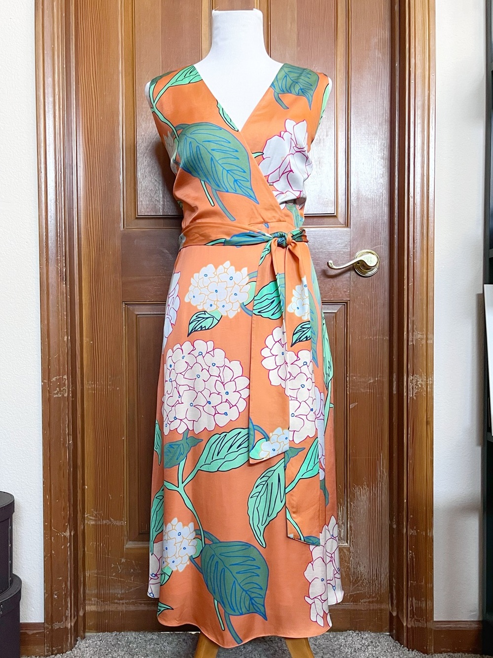 Tangerine Hydrangea Floral Sleeveless A-Line Midi Dress | Lafayette 148 | US 14